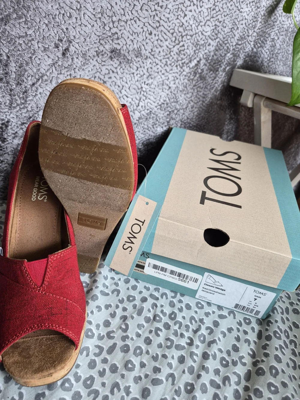 TOMS Red Peep-Toe Classic Wedge.  Crosshatch Jacquard. FREE Ship!